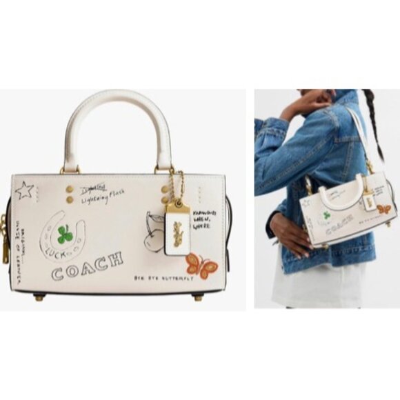NEW!! Coach Rogue 25 Tote Bag With Dinosaur & Lucky Drawings In Chalk White Leat - Picture 11 of 11